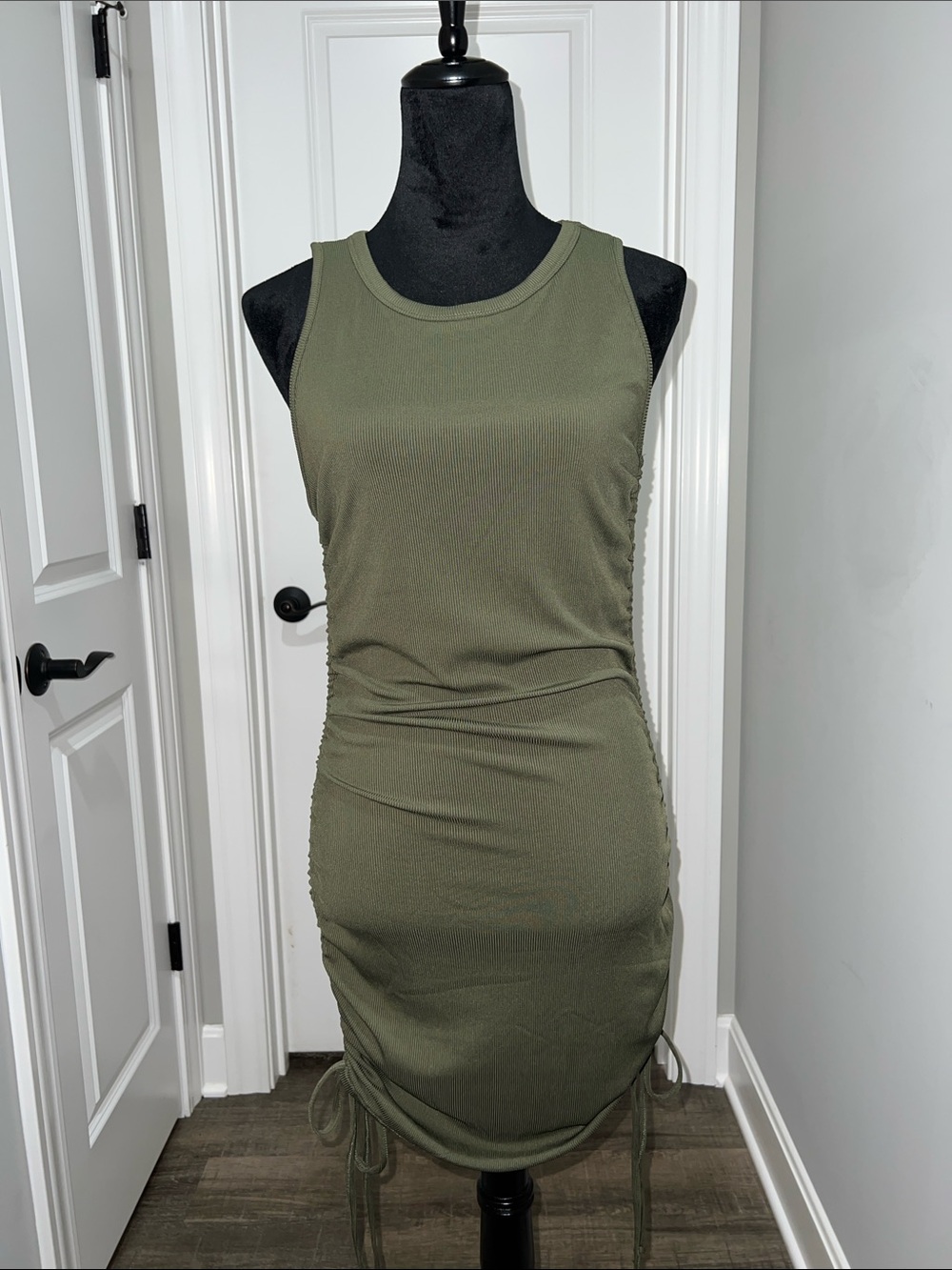Sleeveless Ruched Midi Dress in Olive Green